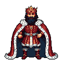 This detailed pixel art portrait captures a regal king in a moment of quiet contemplation, adorned in rich robes and a jeweled crown. The image evokes a sense of solemn grandeur and historical significance through its muted, royal color palette and intricate details.
