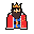 A pixel art king, complete with a golden crown, blue and gold tunic, and red cloak, stands regally against a solid black backdrop. The simple design and vibrant colors create a classic, dignified portrait.