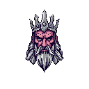 This pixel art portrait captures a regal and imposing king with flowing white hair and beard, his stern gaze hinting at years of experience and authority. The limited color palette and detailed shading emphasize his power and gravity against a stark background.