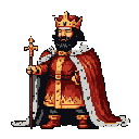 A pixel art king stands regally, clutching a golden scepter and exuding authority with his stern expression and rich red and gold attire. The image captures a sense of historical fantasy, focusing on the monarch's commanding presence.
