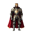 A stern, pixel-art king stands in full metallic armor, his regal cape adding a touch of color. This image evokes nobility and authority through detailed pixel work and a powerful pose.