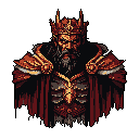 A stern, pixelated royal figure with intricate armor and a crown stares intensely forward, projecting an aura of power and potential anger. The detailed bust, rendered in rich, warm tones with metallic accents, conveys a serious and imposing presence.