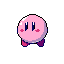 This pixel art image features Kirby, the beloved pink puffball, standing center stage with a simple, nostalgic charm. The minimalist design and limited color palette highlight his iconic form.