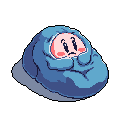 A cute, pink Kirby-like character peeks out from a cozy blue blanket, its large eyes conveying a sense of peaceful vulnerability. Wrapped snugly and set against a stark black background, the focus is entirely on the endearing, sleepy figure.