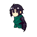 A young, dark-haired character with a determined gaze is captured in pixel art, their somber expression emphasized by a striking teal scarf against a stark black background. The image evokes a sense of introspection and quiet intensity.
