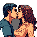 This pixel art depicts a tender, intimate moment of a couple kissing, their faces close and eyes closed in a warm embrace. The simple color palette and black background emphasize the connection between the two figures.