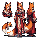 This pixel art showcases a charming kitsune character, featuring multiple views of the fox-girl with her auburn hair, elegant red kimono, and prominent orange tail. The design highlights her serene expression and blends traditional Japanese aesthetics with fantasy elements.