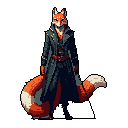 This pixel art image features a sophisticated anthropomorphic fox, confidently posed in a dark trench coat with vibrant orange fur. The character's design blends wildness and formality, creating a mysterious and intriguing figure against a stark black backdrop.