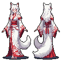 This pixel art showcases a graceful kitsune character with white hair, ears, and tail, displayed in front and back views. She wears an ornate white kimono with vibrant red patterns, highlighting her elegant and mystical design. The high-contrast color scheme and detailed pixel work create a charming, traditional aesthetic.