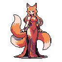 This pixel art showcases a graceful kitsune-like woman with flowing grey and orange hair, adorned in a richly colored red and purple dress. Her calm expression and elegant posture evoke a sense of serene beauty and subtle power.