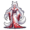 This pixel art depicts a poised and elegant kitsune, a fox spirit with white hair, fox ears, and three fluffy tails, adorned in a detailed white and red kimono. Her crimson eyes and enigmatic smile hint at ancient mystique against the void.
