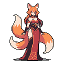 A pixel art image shows an elegant kitsune with flowing orange-brown hair and multiple tails, clad in a dark red gown with gold accents. Her enigmatic expression and graceful pose evoke a sense of serene mystery and quiet power.