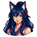 This pixel art portrait features a serene fox-girl with striking blue hair and a traditional Japanese-inspired outfit. Her gentle gaze and soft features create a captivating and slightly mystical character.