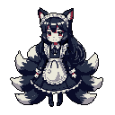 This pixel art features a cute chibi kitsune maid with nine fluffy tails, rendered in a charmingly elegant style. The dark uniform and subtle red accents create a captivating contrast against the black background, highlighting the character's whimsical design.