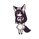 This pixel art depicts a demure, anime-inspired fox-girl in a maid outfit, rendered in a limited, monochromatic palette of purplish-browns and creams. Her shy pose and soft expression create a cute and gentle aesthetic, reminiscent of retro gaming.