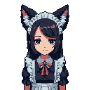 This pixel art portrait features a melancholic cat-girl in a maid outfit, her muted colors and downward gaze creating a wistful yet undeniably cute image. Her striking reddish-brown eyes draw you in against the stark black background.