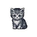 This pixel art depicts a cute, monochromatic kitten sitting and staring intently forward with large, expressive eyes. The simple design and limited palette create a sweet and slightly melancholic feel.