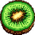 This pixel art showcases a vibrant kiwi fruit cross-section, its green flesh and dark seeds popping against a stark black background. The retro style highlights the fruit's simple, organic beauty in a bold and visually striking way.