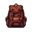 This pixel art showcases a detailed, vintage-style leather backpack, rendered in warm browns with careful shading to highlight its worn texture and durable design. The image evokes a sense of adventure and timeless craftsmanship.
