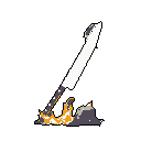 A massive, gleaming white sword plunges into a fiery, rocky ground, its blade radiating raw power. The pixel art evokes a sense of foreboding and mystery, suggesting a powerful artifact or a weapon of immense destruction.
