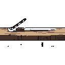 This pixel art image captures a quiet moment with two nails and a wooden block resting on a wooden surface against a stark black background. One nail is angled as if hammered or pulled, creating a sense of paused action with these simple, utilitarian objects.