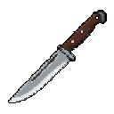 This pixel art depicts a sturdy, fixed-blade knife with a sharp, detailed blade and wood-textured handle. Rendered in muted tones against a black background, the image evokes a sense of practicality and readiness.