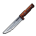 A stark, pixelated kitchen knife with a metallic blade and wooden handle is presented in sharp detail against a solid black background, emphasizing its utilitarian form. The muted, realistic color palette and careful shading create depth and texture in this iconic representation.