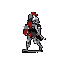 This pixel art depicts a heavily armored knight or soldier mid-stride, weapon in hand, rendered in a muted, retro style. The figure's red accents provide a striking contrast against the predominantly grey color scheme, evoking a sense of grim determination.