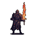 A formidable dark knight stands poised in the void, his heavy armor a stark contrast to the fiery energy emanating from his glowing sword and ominous red eyes. The pixel art captures a moment of foreboding power, hinting at the warrior's dark fantasy origins.