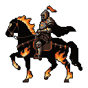 A dark knight wreathed in mystical flames rides a fiery steed, their imposing armor glowing with inner fire. This pixel art image evokes a sense of power and ominous elegance.