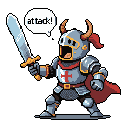 An 8-bit knight, complete with horned helmet and red cape, prepares to strike with his sword raised high. The pixelated warrior stands ready for battle, yelling "attack!" in a dynamic pose reminiscent of classic RPGs.