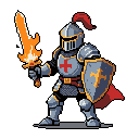 A valiant pixel art knight stands ready for battle, wielding a fiery sword and emblazoned shield. The heavily armored figure, with a red plume and cape, exudes strength and a classic heroic fantasy vibe.