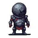 This pixel art features a heavily armored, grotesque knight with a moon-like head and ominous red eyes. Blood-stained armor and a tattered sash hint at a dark and violent history. The imposing figure stands ready, radiating dread and a sense of foreboding.