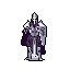 A pixel art knight in full armor stands ready, shield emblazoned and sword at the ready. The monochromatic color scheme and stoic pose evoke a sense of classic fantasy power and vigilance.