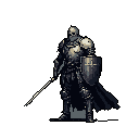 A formidable pixel art skeleton knight, clad in detailed armor and wielding a spear and shield, stands ready for battle. The muted color palette and foreboding presence evoke a classic fantasy feel.