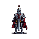 A stoic, fully armored knight stands ready in this pixel art image, its intricate silver armor accented by a vibrant red cape and gold details. The emblem on its chest plate hints at a noble order, evoking a sense of strength and medieval grandeur.