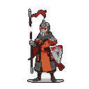 A heavily armored warrior stands ready, spear in hand and shield raised, against a stark void. The pixel art figure exudes stoic resolve, a formidable sentinel clad in detailed armor accented by a vibrant red banner.