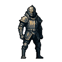 A stoic, pixel-art knight stands clad in aged, full plate armor, helmet visor concealing their face. The dark, metallic hues and imposing figure create a somber and mysterious presence.