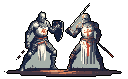 Two pixelated knights in full armor, emblazoned with red crosses, face off in a poised battle stance, their shields raised in anticipation. The muted color palette and detailed pixel art create a somber scene of impending conflict.