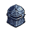 This pixel art showcases a detailed, blue-gray knight's helmet with metallic highlights, evoking a classic fantasy feel. The somber piece, reminiscent of old-school RPGs, suggests adventure and combat.