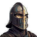 A stoic pixel art knight, rendered in muted tones of brown, gray, and gold, stands proud with intricate detail in their helmet. The portrait evokes a medieval fantasy aesthetic, showcasing strength and realism through careful shading.