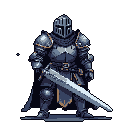 A stoic knight in detailed dark armor stands ready, wielding a large two-handed sword in this striking pixel art piece. The muted color palette and rigid pose evoke a sense of somber strength and potential conflict.