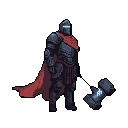 A heavily armored knight stands ready, his glowing visor piercing the gloom as he grips a massive, two-headed warhammer. The pixel art evokes a sense of stoic strength and dark fantasy with its muted colors and imposing figure.