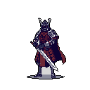 A pixel art samurai stands poised for battle, his dark armor and ready stance conveying strength and discipline against a stark, void background.
