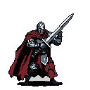 A valiant, pixelated knight stands ready for battle, sword in hand, against a stark black backdrop. Clad in detailed silver armor and a crimson cape, the hero exudes strength and determination.