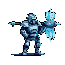 A heavily armored knight stands ready, wielding a magically charged mace ablaze with ethereal blue energy. The pixel art style and cool color palette lend a sense of strength and fantastical power to this imposing figure.