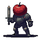 A pixel art warrior stands ready, clad in detailed dark armor and wielding a sword, but with a surprising twist: a bright red apple for a head. The incongruous combination creates a whimsical yet serious vibe.