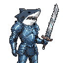 This pixel art features a fierce shark-headed knight, armored and ready for battle with a massive sword. The bizarre yet formidable character blends aquatic predator with medieval warrior in a cool-toned, eye-catching design.