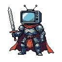 A pixel art warrior clad in medieval armor sports a static-filled television for a head, wielding a longsword with an intriguing blend of historical and technological elements. The figure stands ready for battle, a surreal and powerful image against a black background.