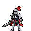 A pixel art knight in gleaming armor, emblazoned with a skull, stands ready with sword in hand and a determined stance. The vibrant red plume and cape add a striking splash of color to the stoic figure.